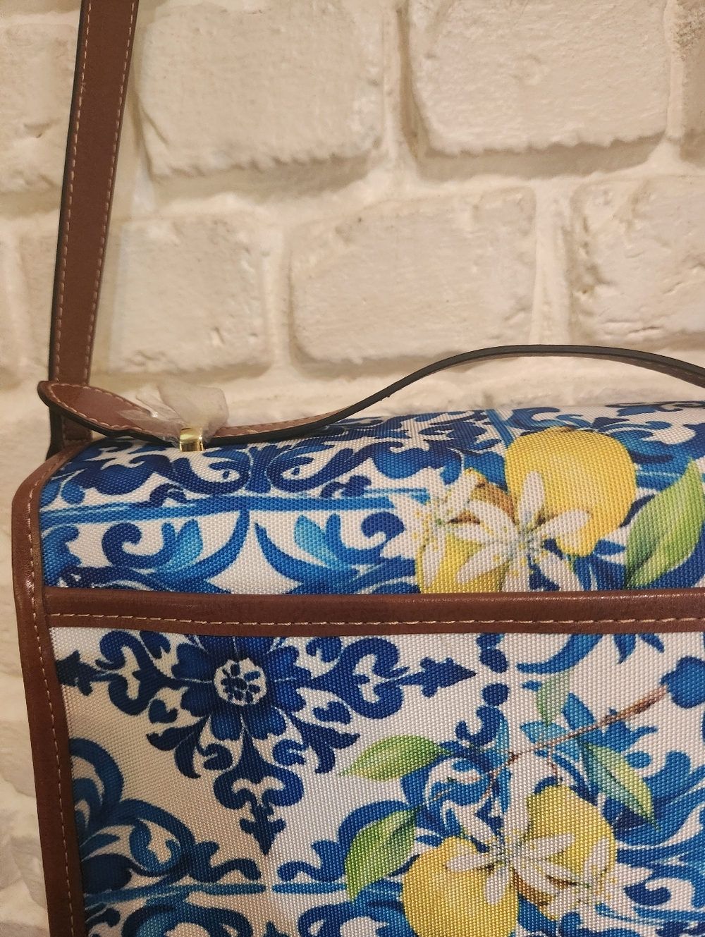Santorini Style Blue Tile & Lemons Print Crossbody Bag W/Brown Faux Leather Trim - Picture 8 of 10